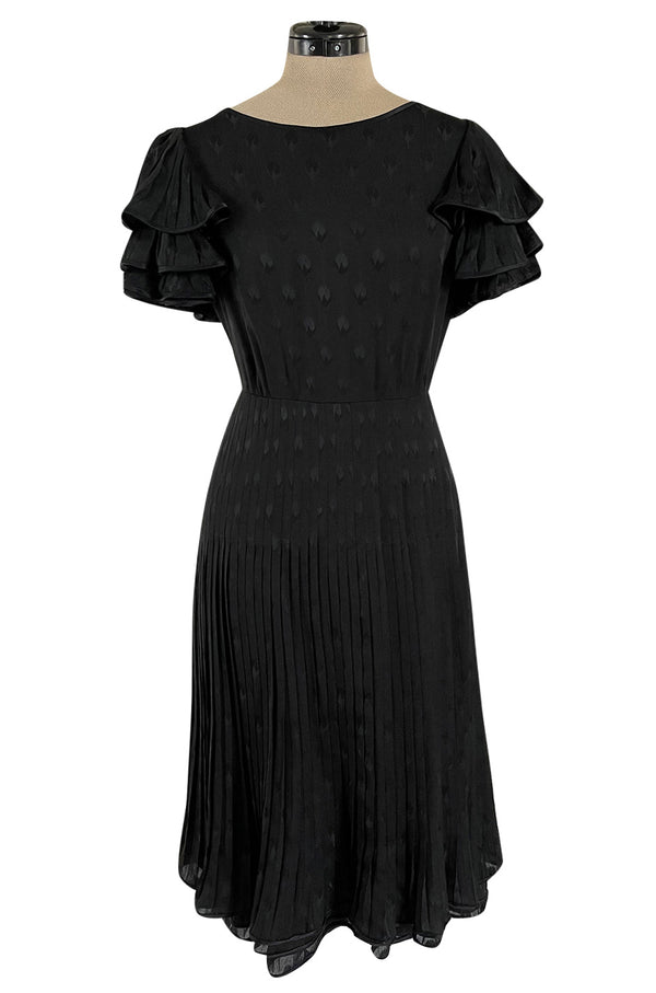 Spring 1980 Valentino Haute Couture Black Floral Silk Dress w Ruffle Sleeves & Pleated Skirt