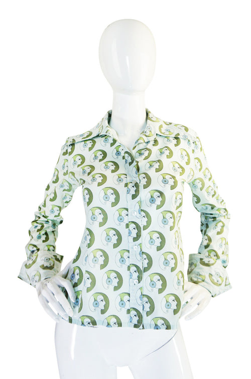 1970s Novelty Print Pointed Collar Button Down Shirt