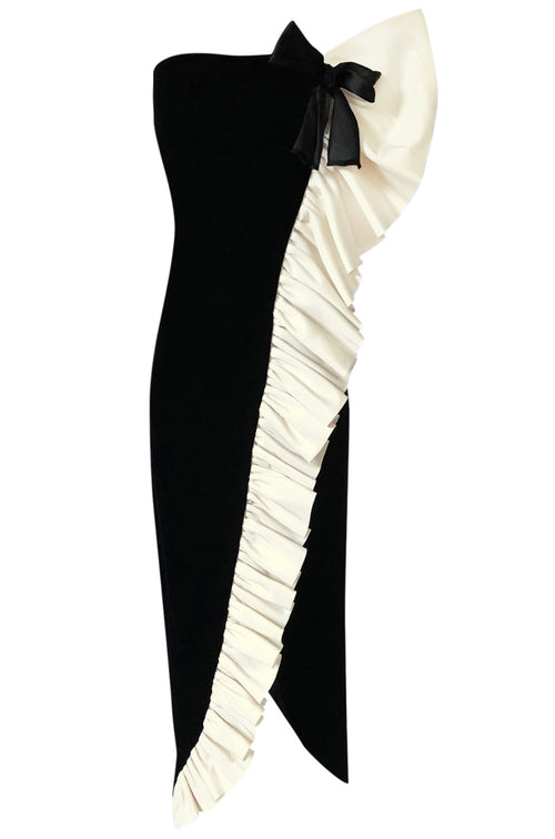 Fall 1979 Bill Blass Ivory Silk Ruffle on Ink Black Velvet Strapless Dress