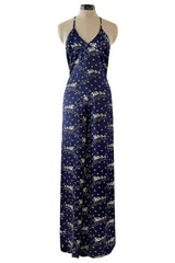 Insanely Good 1973 Biba by Barbara Hulanicki Blue Backless Horse Print Jumpsuit