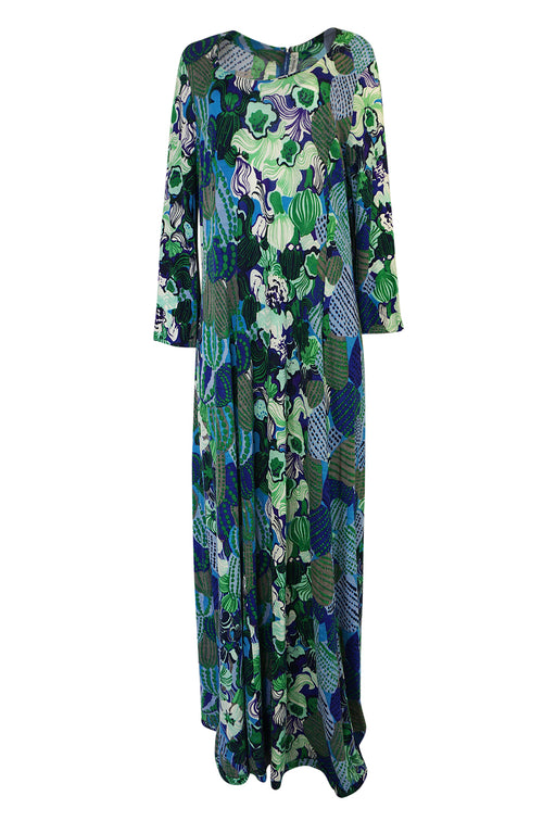 1960s La Mendola Printed Light Wool Jersey Wide Sleeve Caftan Dress