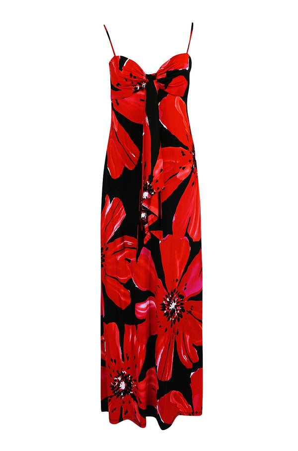 1978 Halston Resort Swimwear Red Floral Jersey Halter Dress