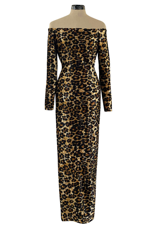 Iconic Fall 1989 Patrick Kelly Off Shoulder Leopard Stretch Velvet Dress