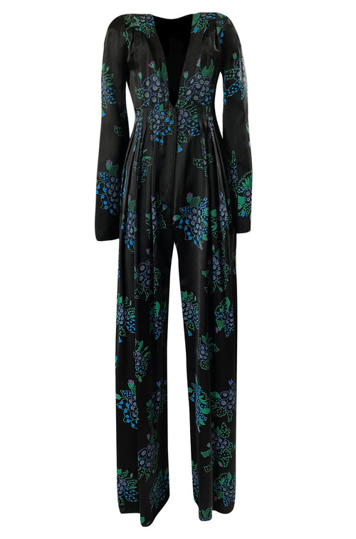 c. 1974 Ossie Clark Celia 'One Step Two Step' Celia Birtwell Print Black Jumpsuit