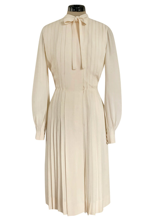 Spring 1976 Chanel Haute Couture Silk Ivory Dress w Hand Stitched Pleats