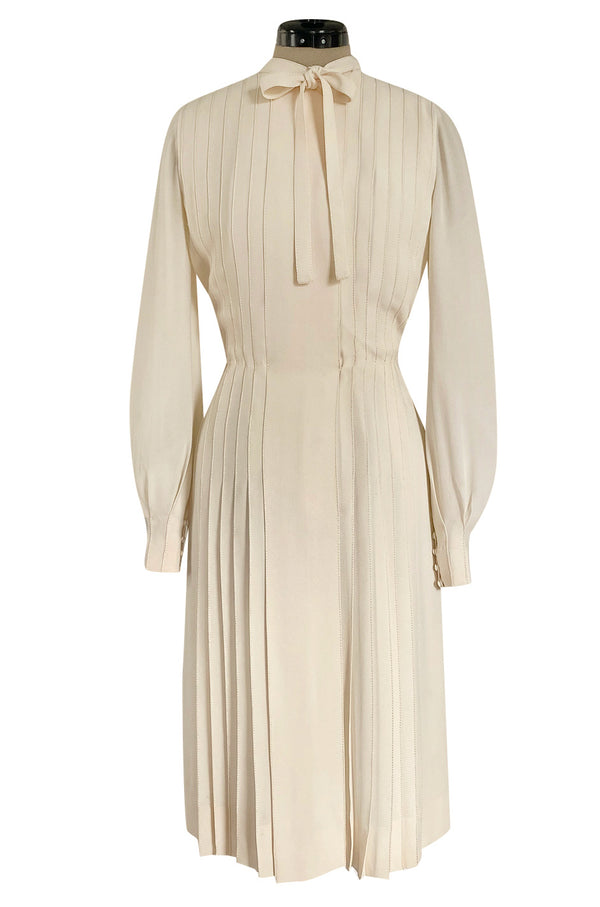 Spring 1976 Chanel Haute Couture Silk Ivory Dress w Hand Stitched Pleats