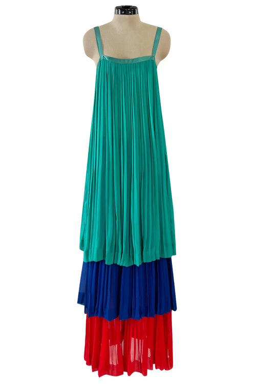 Spectacular Spring 1979 Yves Saint Laurent Silk Chiffon Pleat Dress In Green Blue & Red