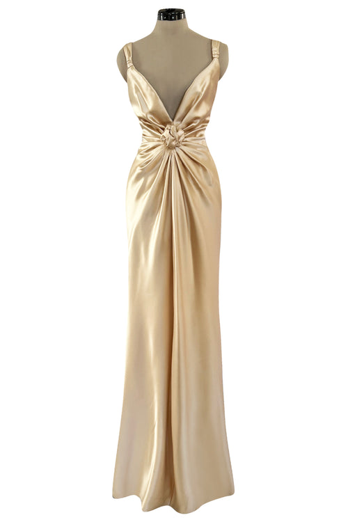 Iconic Fall 1980 John Anthony Couture Plunge Front Gold Silk Charmeuse Halter Dress w Bare Back