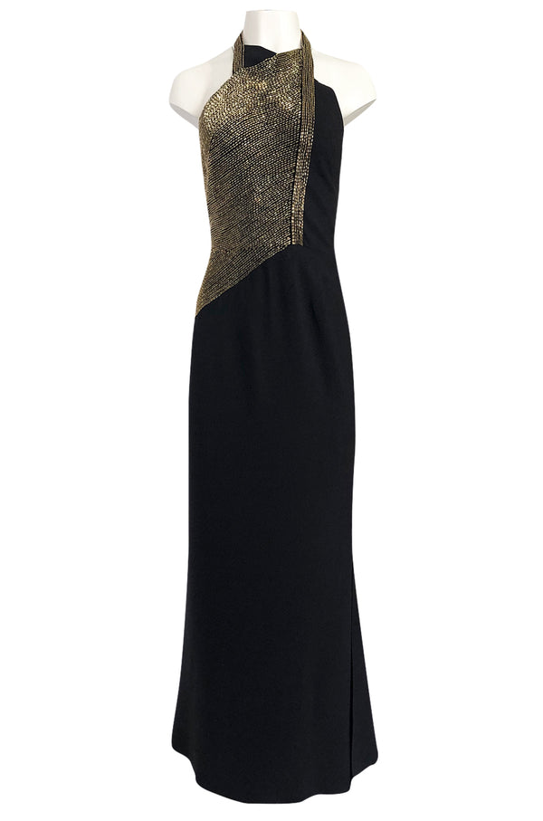 Fall 1973 Karl Lagerfeld for Chloe Black Silk Dress w Gold Beaded Bodice