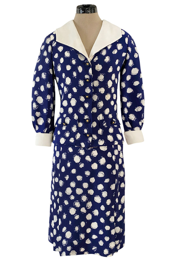 Spring 1977 Chanel Haute Couture Blue & White Silk Suit w Removable Collar