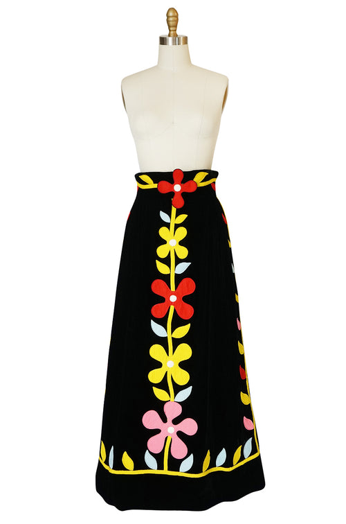 1970s Malcolm Starr Bright Flower Felt Applique on Velvet Skirt