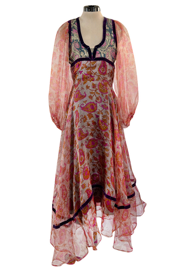 Rare 1968-71 Thea Porter Couture Unlabeled Silk Organza & Brocade Gipsy Dress w Balloon Sleeves