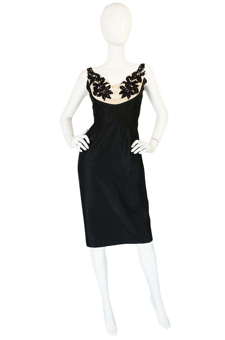 1950s Floral & Nude Applique Bust Black Silk Bombshell Dress ...