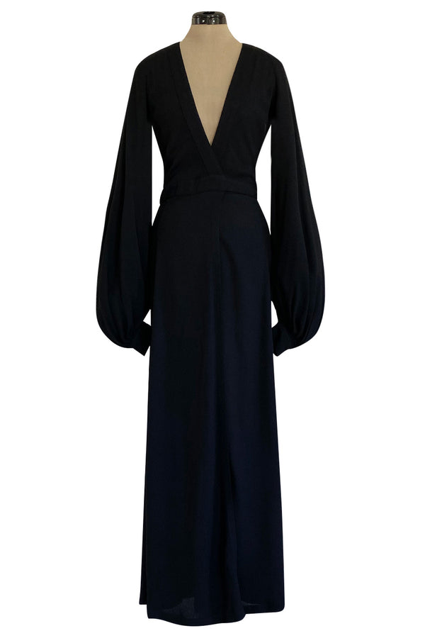 Iconic 1972 Ossie Clark Couture Black Moss Crepe Wrapped Cuddly Dress w Bishop Sleeves