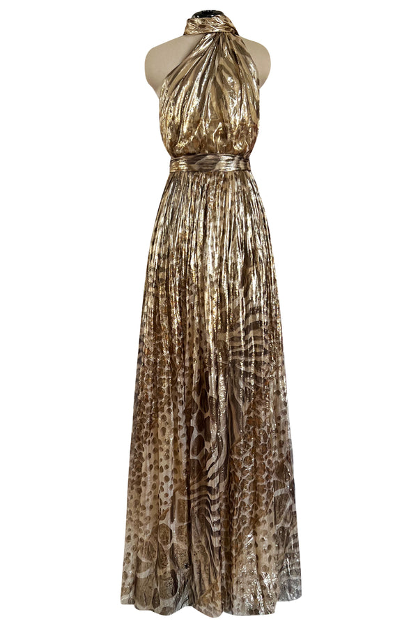 Spring 2012 Salvatore Ferragamo Runway Metallic Gold Silk Chiffon Animal Print Dress