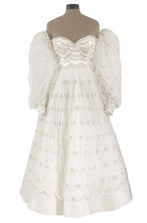 Documented 1979 Loris Azzaro Off Shoulder Balloon Sleeve White Net Dress w Chenille Detailing