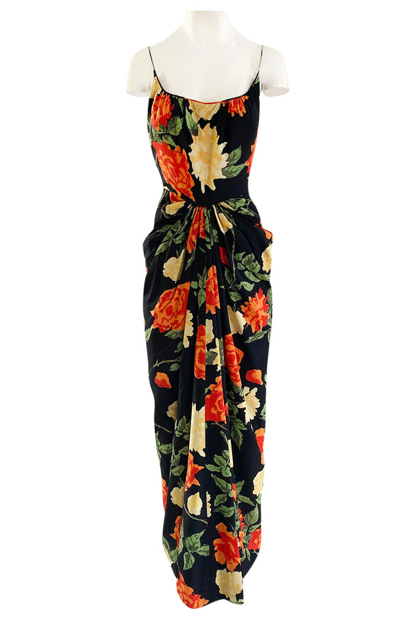 Brilliant 1957 James Galanos Large Floral Print Front Gathered Silk Evening Dress