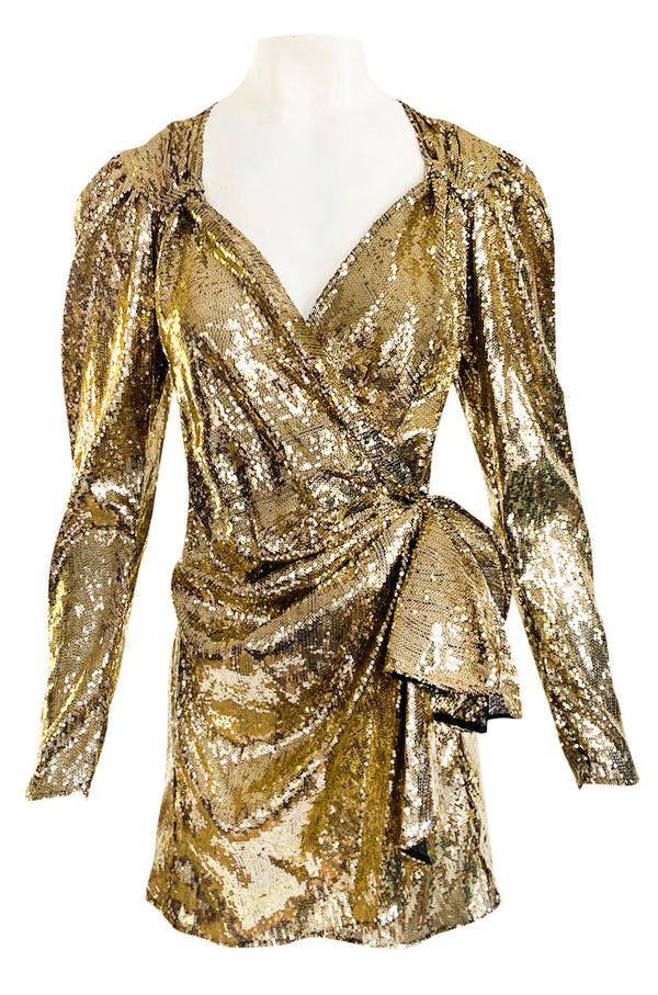 Exclusive 2018 Attico for Luisaviaroma Gold Sequin Wrapped Plunging Mini Dress