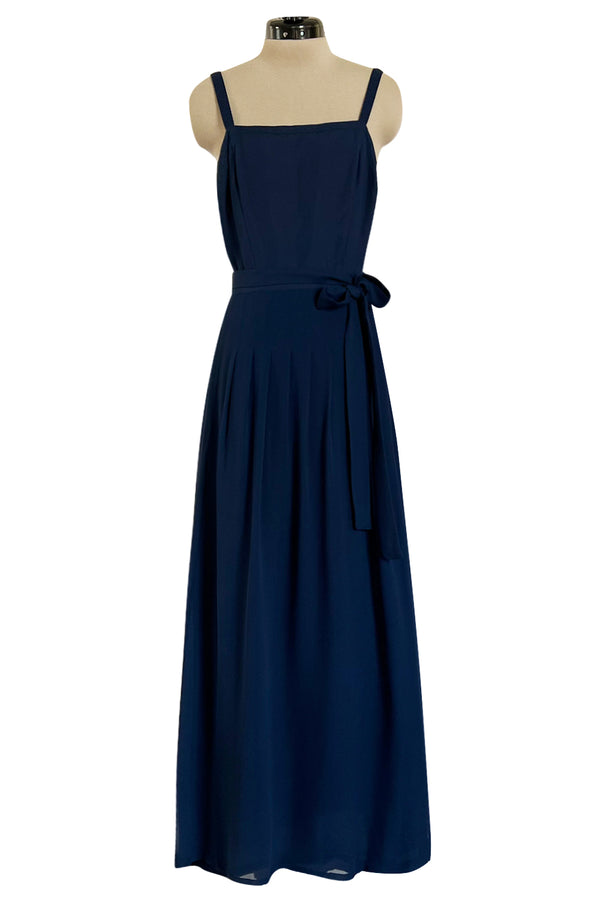 Chic 1970s Christian Dior by Marc Bohan Minimalist Blue Silk Chiffon Drop Waist Dress