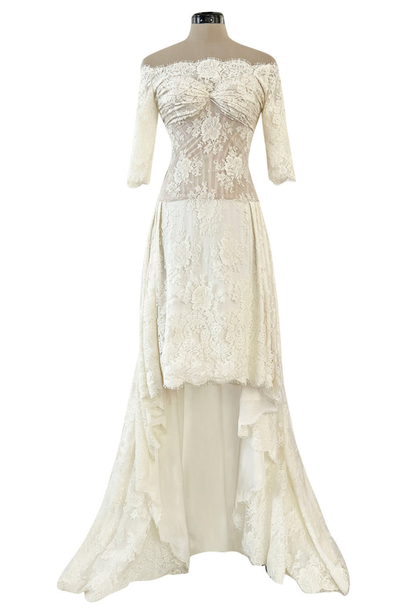 Incredible 2012 Alexander McQueen Ivory Lace Corseted Wedding Dress w High Front and Trained Back