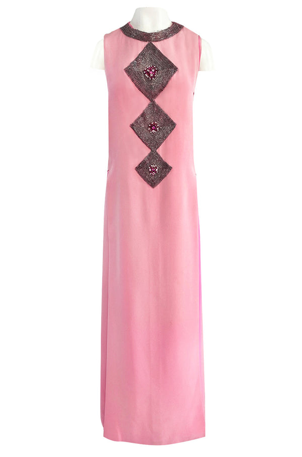 Documented 1969 Pierre Cardin Couture Pink Silk Crepe Diamond Beaded Dress w Overlay