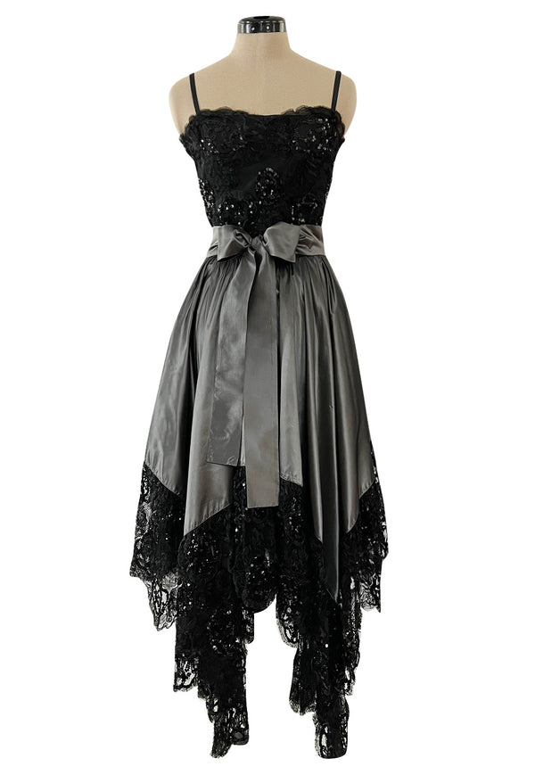 Fall 1981 Yves Saint Laurent Silver Silk Dress w Lace Netting & Sequin Detailing