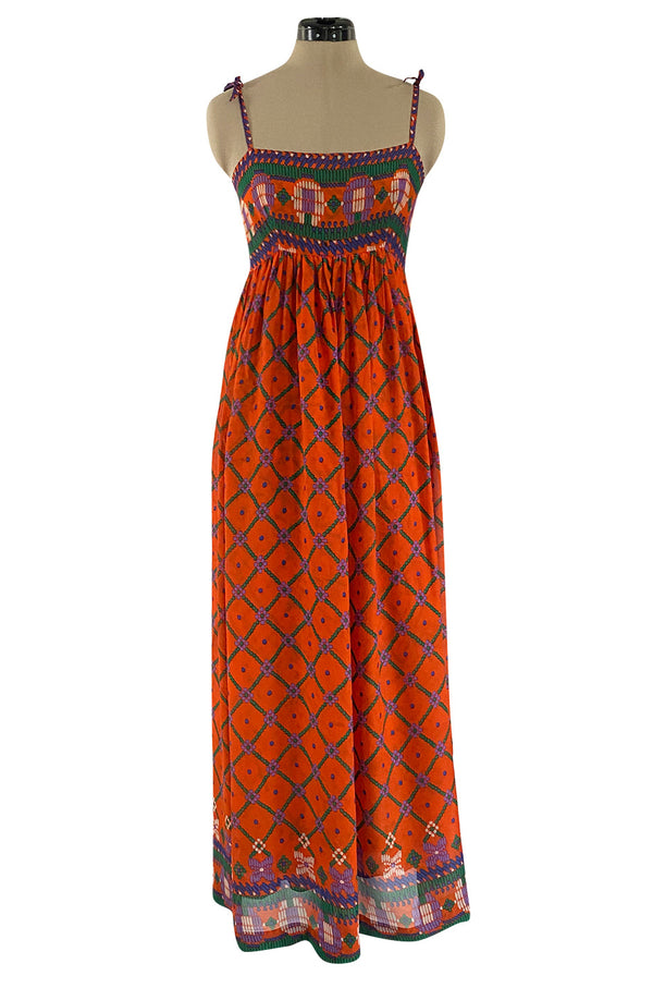 Numbered 1970s Lanvin Couture Fine & Light Silk Crepe Chiffon Printed Orange Sun Dress