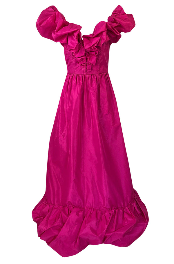 1980s Loris Azzaro Couture Bright Pink Silk Taffeta Backless Plunge Dress