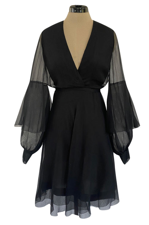 Well Documented Fall 1972 Christian Dior by Marc Bohan Haute Couture Black Silk Chiffon Dress