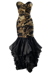 Fall 1988 Emanual Ungaro Strapelss Gold Metallic Black & Gold Ruffled Hem Dress