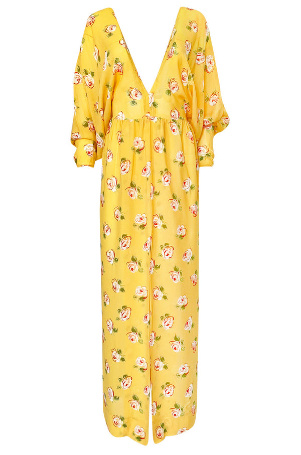 1970s Jean Varon Deep Front & Back Plunge Floral Print Yellow Crepe Dress