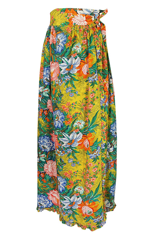 1970s Stephen Burrows Floral Cotton Print Wrap Maxi Skirt