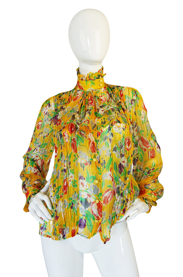 1981 Emanuel Ungaro Yellow Floral Printed Silk Ribbon Chiffon Ascot Top