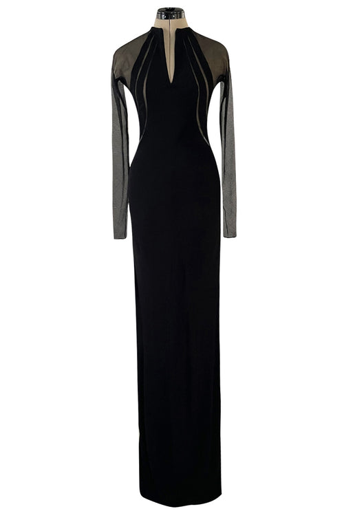 Spectacular 2005 John Anthony Couture Black Stretch Jersey Dress w Curved Netted Cut Outs