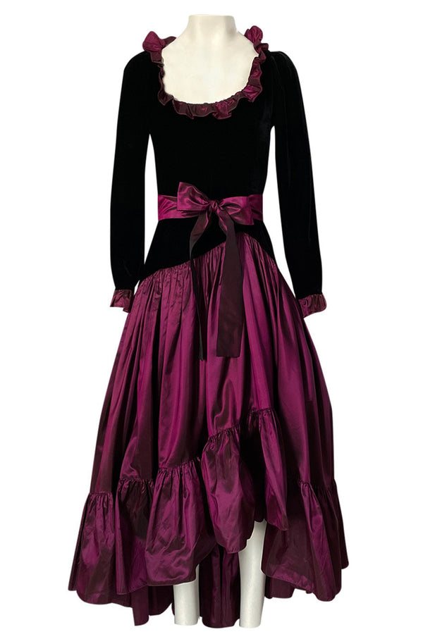 Fall 1980 Yves Saint Laurent Silk Taffeta & Velvet Dress w Asymmetrical Hem