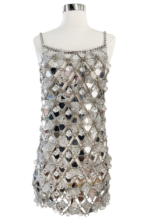 c.1967 Paco Rabanne Couture Mirrored Triangle, Metal, Rhinestone & Beaded Mini Dress w Matching Bag