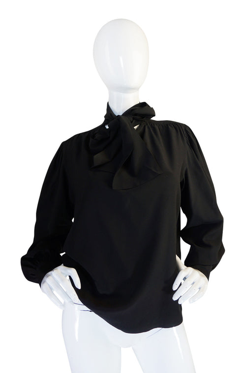 1970s Black Silk Crepe Yves Saint Laurent Tie Top