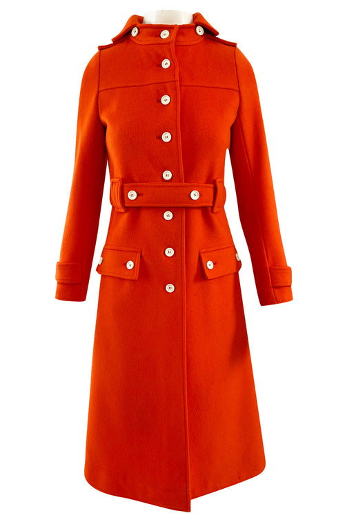 1971 Courreges Numbered Hyperbole Bright Orange Wool Coat w Quilted Interior