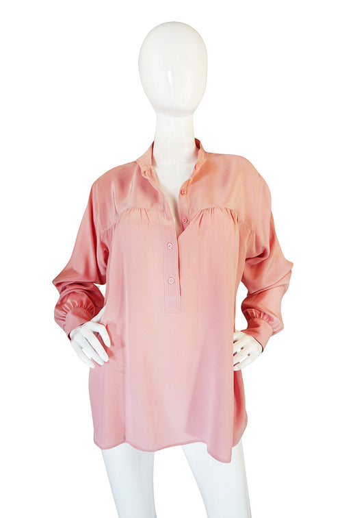 1970s Yves Saint Laurent Pink Silk Smock Top