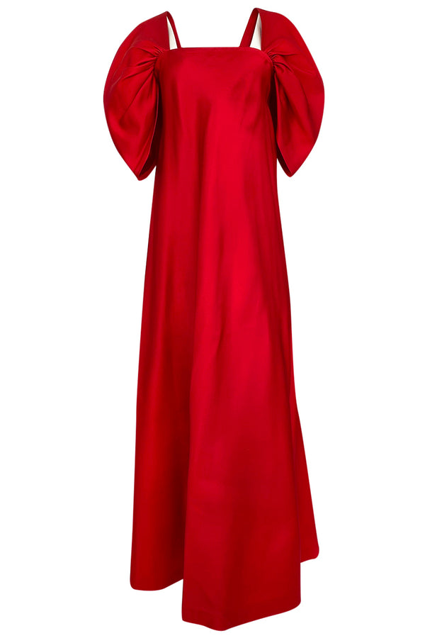 1979 Stavropoulos Deep Red Silk Full Length Dress w Pouf Sleeves