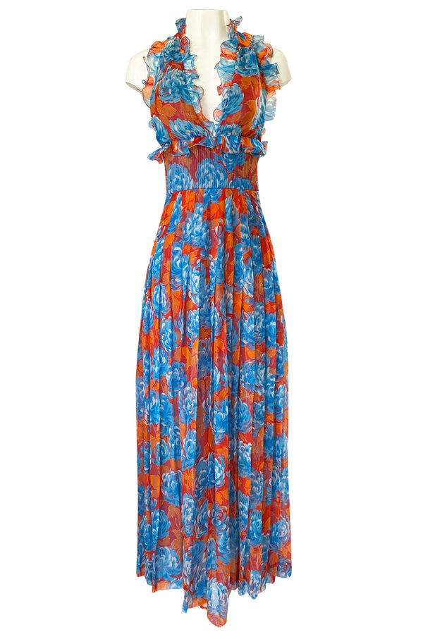 Spectacular c.1978 Valentino Blue & Coral Floral Silk Halter Backless Dress