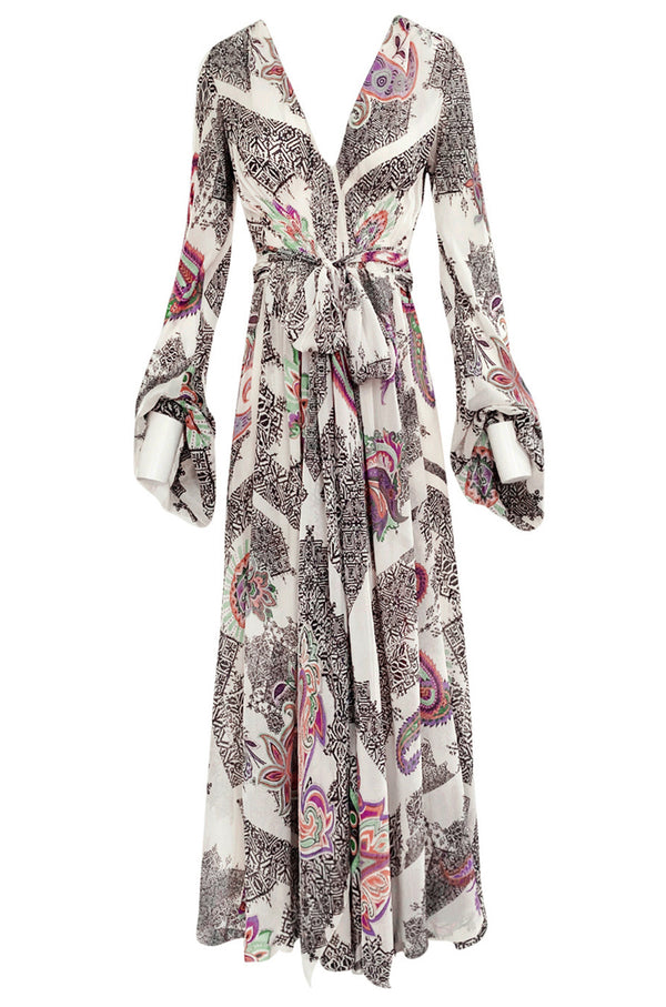 Spring 2005 Etro Runway Black & White Printed Flowing Silk Chiffon Dress w Huge Sleeves