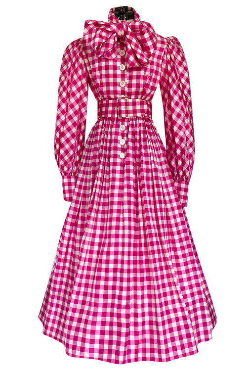 Spectacular Early 1960s Norman Norell Pink Gingham Silk Taffeta Dress w Bow & Pouf Sleeves