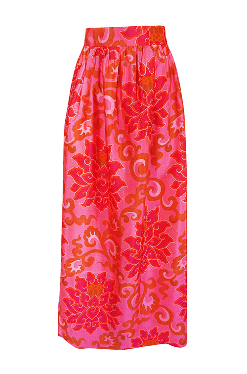 1960s Unlabeled Pink Printed Full Length Thai Silk Skirt