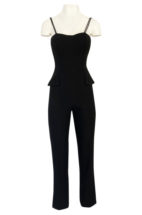 Pre-fall 1997 Christian Dior by Galliano Sleek Flared Leg Black Jumpsuit w Beaded Straps & Hip Peplum