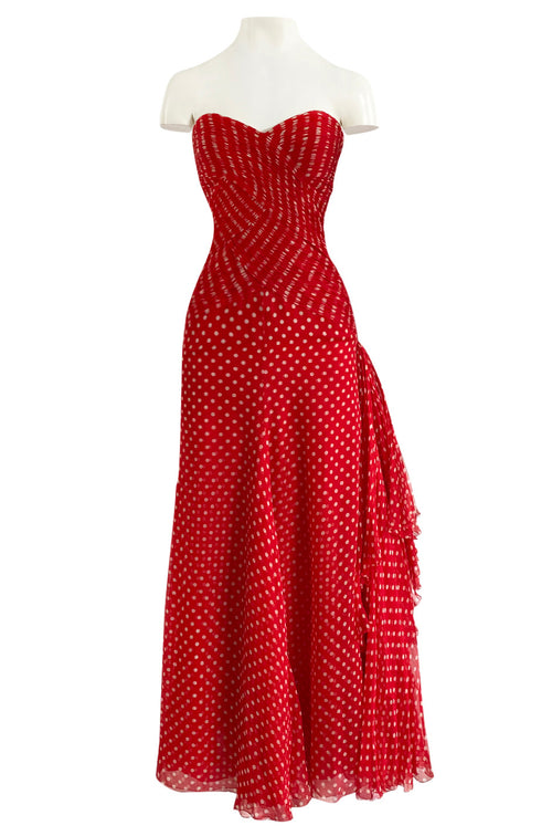 Important Spring 1986 Valentino Haute Couture Red & White Dot Strapless Silk Chiffon Dress