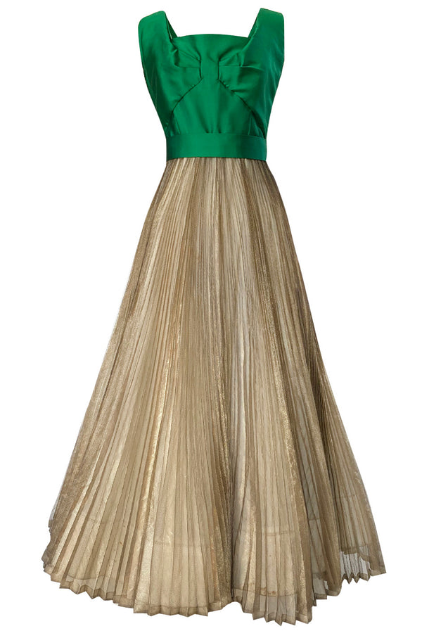 c.1954 Jeanne Lanvin Castillo Haute Couture Emerald & Gold Organza Dress