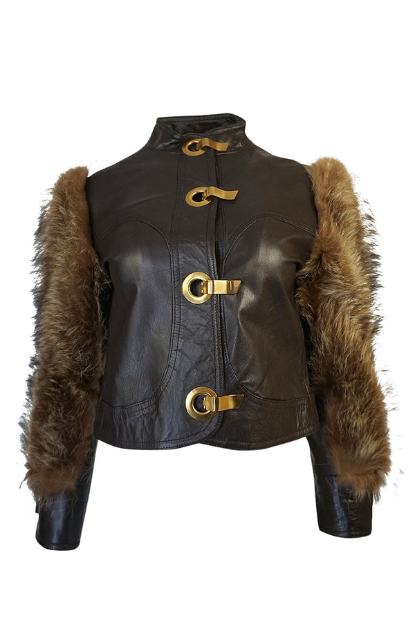 1960s Fur Sleeve Leather Bomber Jacket w Brass Hook Closures