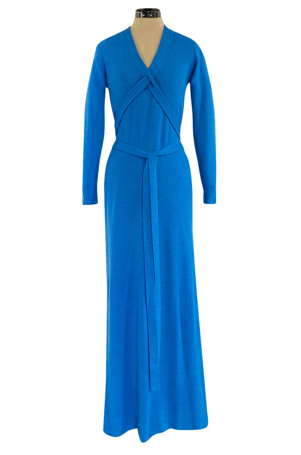 Documented Fall 1977 Halston Cashmere Sky Blue Dress w Extra Long Attached Wrap Ties