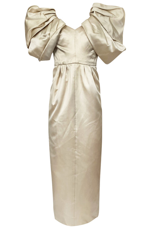 1980s Jacqueline De Ribes Ivory Silk Satin Dress w Amazing Sleeves